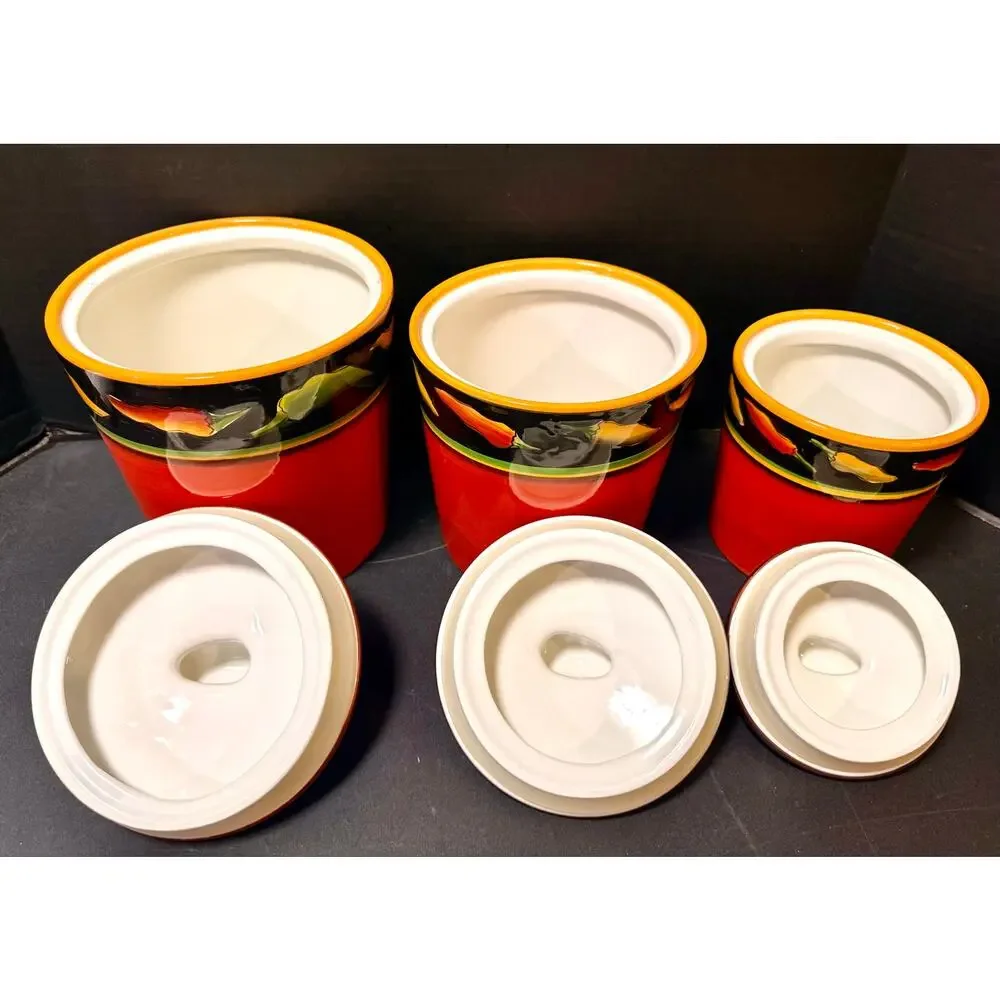 Ceramic Chili Pepper Kitchen Canister Set, 3-Piece Red Southwestern Style